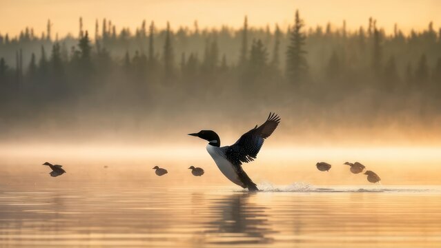 A loon takes flight at sunrise