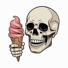 Skull with Pink Ice Cream Cone A Macabre Sweet Treat Illustration.