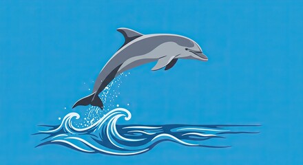 Obraz premium Cartoon Dolphin Jumping Over Blue Waves Aquatic Scene