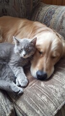 仲良く寄り添って眠る猫と犬の姿。ペットの癒しや共生を表現する素材。