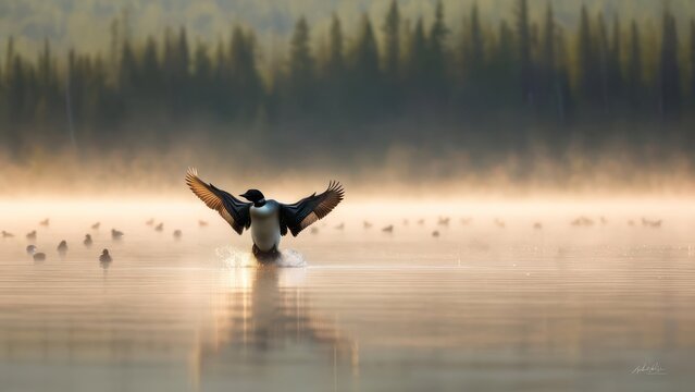 A loon taking flight in a misty morning