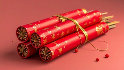 firecracker bundle isolated on red background, chinese new year festival