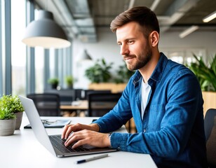 man working on laptop in office near window.