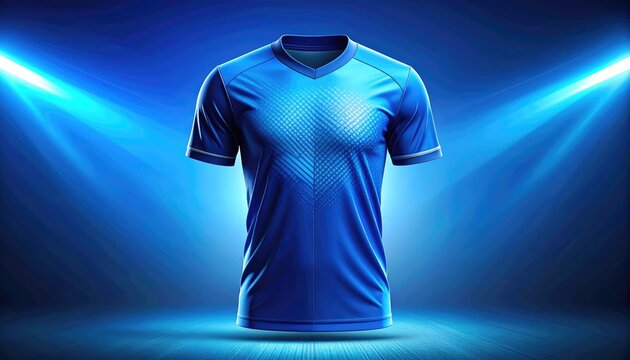 Blue Soccer Jersey Mockup with Digital Pattern under Bright Spotlights
