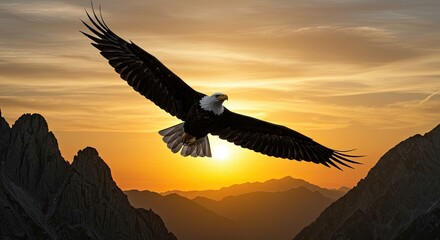 Naklejka premium Bald Eagle Flying Over Rocky Mountains at Golden Sunset