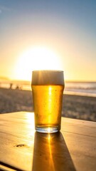 Golden beer glass at sunset on beach