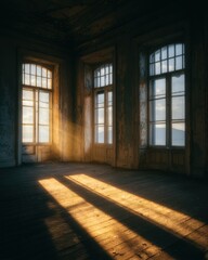 Sunlight Streaming Through Dusty Windows in Abandoned Room with Rustic Walls and Wooden Floorboards