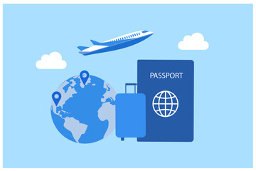 Naklejka premium Go travel concept, business trip, travel globe and travel and online travel booking worldwide luggage vector illustration