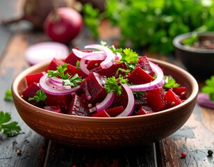 Colorful beet and onion salad in a bowl