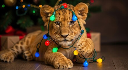 Playful Lion Cub Tangled in Colorful Christmas Lights by a Festive Tree