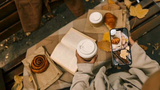 Autumn picnic with coffee and pastry