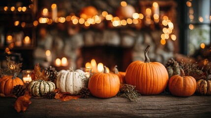 Cozy Autumn Decor with Colorful Pumpkins and Warm Candlelight on Rustic Table Setting