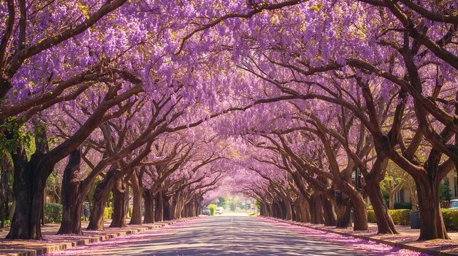 A vibrant street is canopied by the breathtaking purple blooms of a blooming jacaranda tree-lined street.