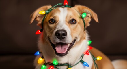 Happy Dog Adorned with Colorful Christmas Lights Smiling at the Camera