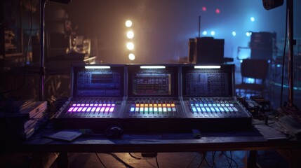 Control Room Setup with Colorful Lighting and Mixing Consoles at an Event Venue for Sound and Audio Production