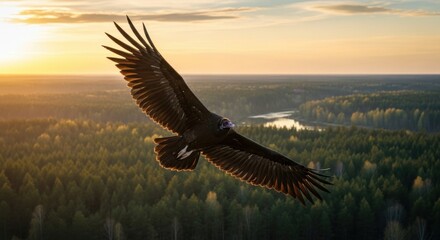 Majestic Black Eagle Soaring Over Lush Forest and River at Golden Sunset