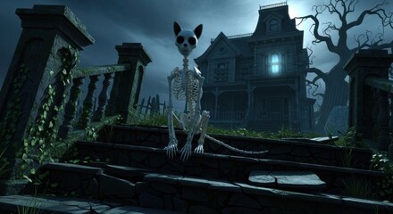 Eerie Cat Skeleton on Haunted Steps in Front of a Spooky Old Mansion at Night