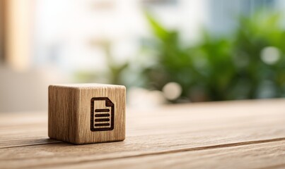 Document Icon on Wooden Cube: A detailed shot showcasing a document icon on a wooden cube, symbolizing communication and information sharing against a soft focus background.