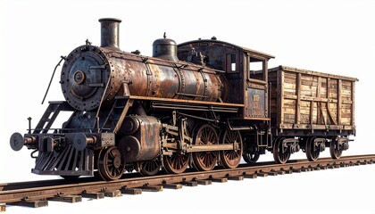 Fototapeta premium Linked vintage wooden train cars with weathered textures white background—evoking quiet dignity, craftsmanship, and echoes of early rail travel.