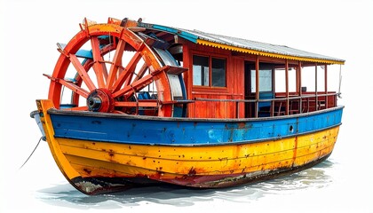 Obraz premium Colorful paddle boat with central wheel white background—retro propulsion meets playful design.