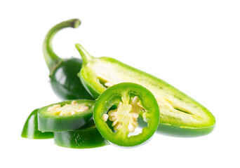 Fresh jalapeno pepper isolated on white background. Slices of green hot serrano pepper. Clipping path.