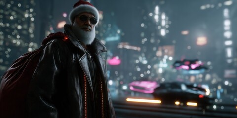 Futuristic santa: elderly caucasian male with cyberpunk background and neon lights
