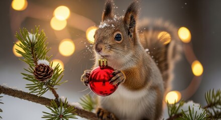 Cute Squirrel Holding Red Christmas Ornament on Snowy Branch with Bokeh Lights