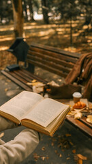 Reading a book in the park on a beautiful autumn day