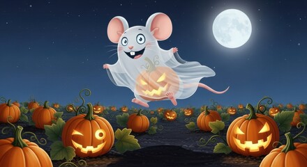 Whimsical Ghost Mouse Flying Over a Spooky Pumpkin Patch Under Full Moon