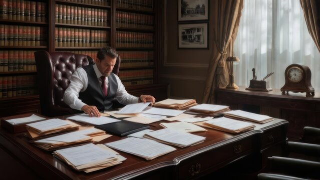 A man in a law office, surrounded by documents