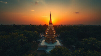 Naklejka premium Breathtaking aerial view of a golden pagoda at sunset, with the last rays of sun casting a warm glow over the spire and a lush forest below.