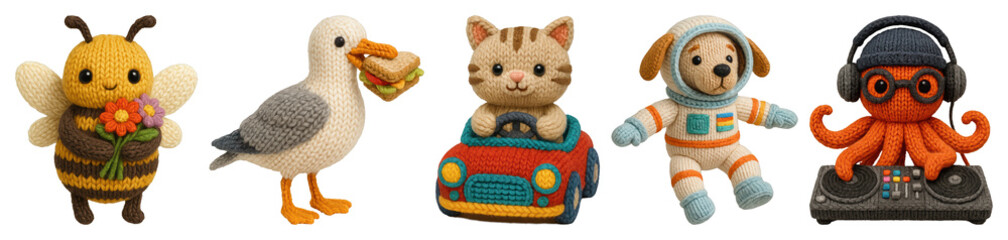 PNG Cute crochet animal figurines, element set on transparent background