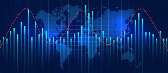 Global data visualization with red sinusoidal trendline, teal vertical bars, and subtle world map overlay on dark navy background showing international economic fluctuations