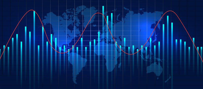 Global data visualization with red sinusoidal trendline, teal vertical bars, and subtle world map overlay on dark navy background showing international economic fluctuations - Powered by Adobe