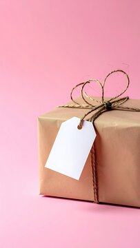 Wrapped gift box, light brown paper, pink background