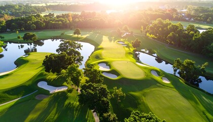 Aerial view of a golf course at sunrise