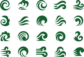 Collection of Green Wave and Swirl Icons on White Background