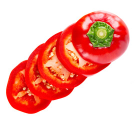 Sweet round peppers isolated on white background. Ripe round red paprika. Clipping path. Top view.