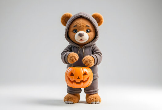 Naklejki A charming 3D teddy bear, dressed in a cozy gray hoodie, holds a glowing jack-o'-lantern bucket for Halloween.