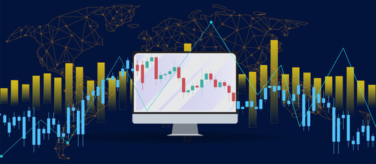 Computer monitor with candlestick chart, red and green stock data, vertical bars in yellow and blue, global financial market network on dark blue background
