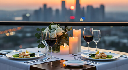 Fototapeta premium Dining experience with exquisite cuisine and wine overlooking a vibrant harbor view, Dining experience with exquisite cuisine and wine overlooking a vibrant harbor view 