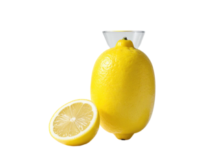 Bright yellow lemon with a clear dispenser top, next to a lemon half