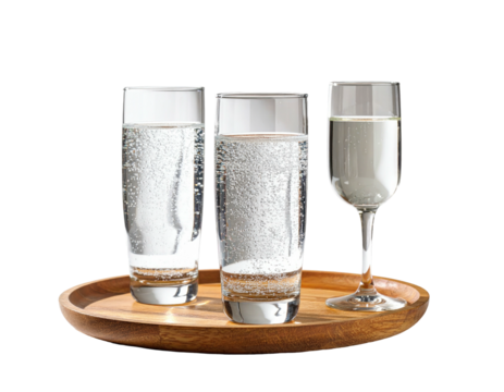 Three glasses of beverages on a wooden tray