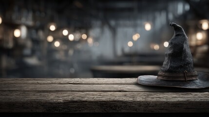 Magical hat resting on wooden table in dimly lit, mystical environment with blurred lights in the background