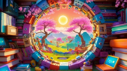 Vibrant Futuristic Metaverse World with Colorful Architecture and Digital Fantasy Landscape - Powered by Adobe