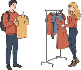 Cartoon Shopping Icons Featuring Couple Choosing T-Shirt and Dress, Clothing Rack, Personal Style Mood, and Fashion Retail Theme