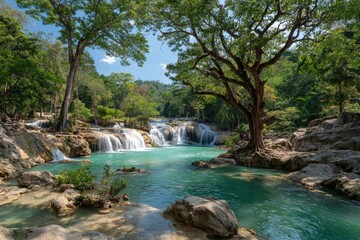 Lush waterfall cascading into turquoise pool, shaded by trees (1)