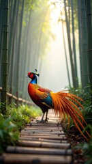 Colorful peacock standing on bamboo path amidst serene bamboo forest