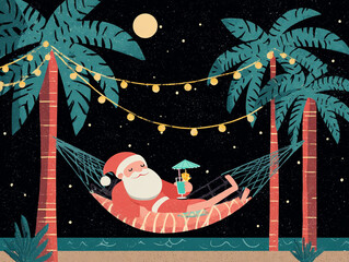Santa Claus relaxing at night in a hammock between palm trees, holding a cocktail under the moon, with stars and festive lights creating a tropical holiday mood.