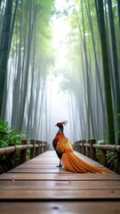 Vibrant Peacock Stands on Wooden Pathway Surrounded by Bamboo Forest